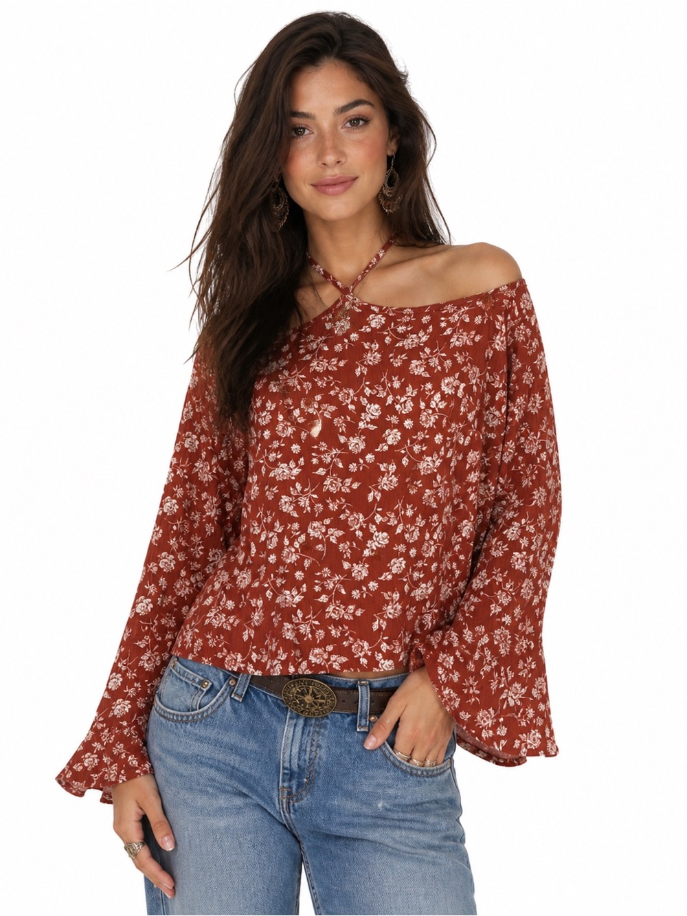 Boho Off Shoulder Floral Bell Sleeve Top Rust Cottagecore Peasant Blouse Small